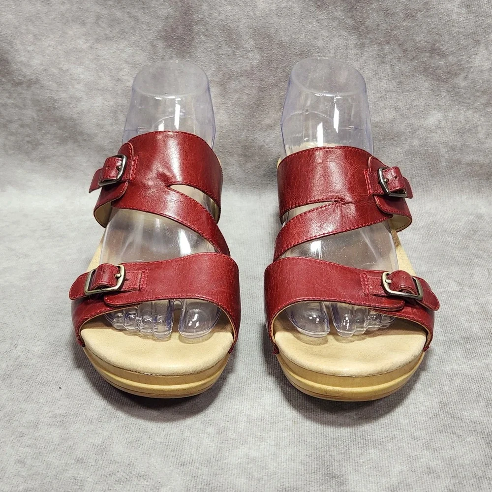 Dansko Red Leather double Buckle Slide Wedge Sandals Womens Size 41 9020222200